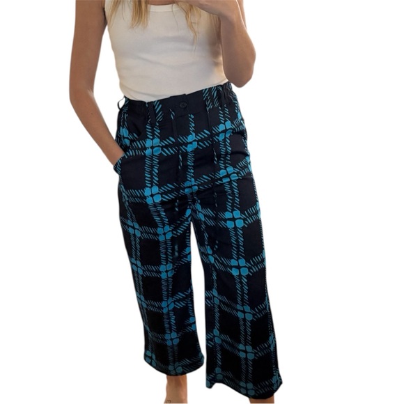 Marni x Uniqlo Relaxed Wide leg Blue plaid silky Satin Plaid Lounge Pants XS - Picture 2 of 7